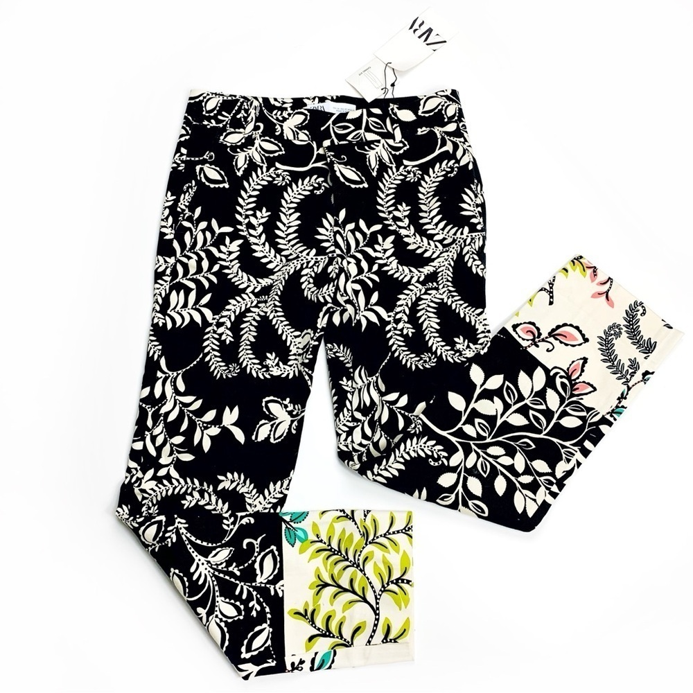 ZARA Ankle Floral Pants | Black Cream Botanical | Cotton Stretch | Size 2